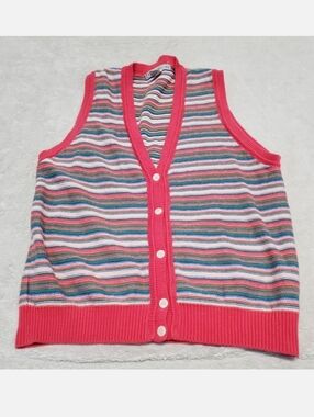 Vintage Izod Multicolor Striped Knit Vest Women Large Retro Cottage Casual 90s